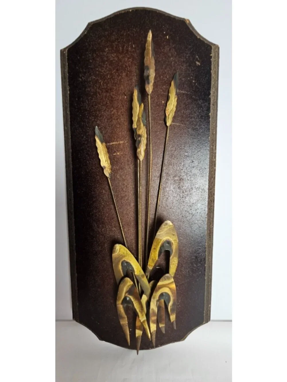 Vintage MCM Wall Plaque Brutalist Brass Sea Oats Botanical Metal Art 17.75